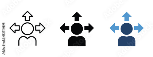 Decision making icon, person with multiple directional arrows, symbolizing choice, responsibility, control, leadership, management, strategic planning, and business decision-making concepts.