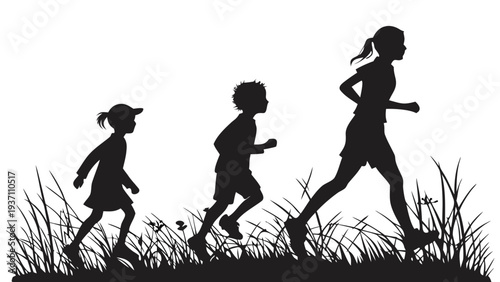 Children Running in Grass Silhouette Outdoor Summer Play and Freedom Vector