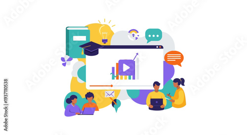 Online Education E-learning Concept. Students Group Studying Digital Course via Video Platform, Graduation, and Academic Success