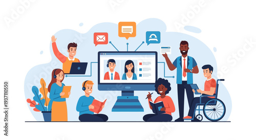 Online Education and Remote Teamwork Vector Illustration. Diverse People Studying and Collaborating Virtually via Video Conference for E-Learning and Support.