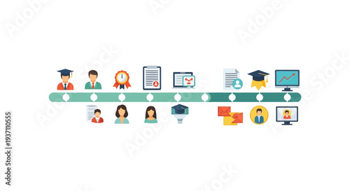 Education and Career Development Timeline Infographic. E-learning process, certification stages, recruitment flow, and professional success path visualization.