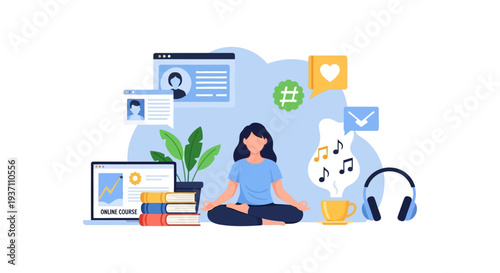 Remote Work Wellness and E-learning Balance. Woman Meditating in Lotus Pose near Laptop, Books, and Social Media Icons.