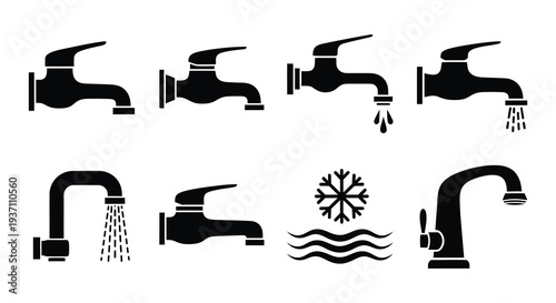 Black silhouettes of various faucet styles and water related symbols