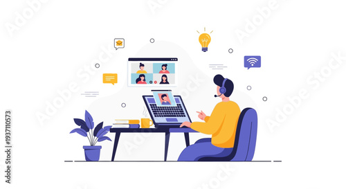 Remote Video Conference Meeting and E-Learning Illustration. Man Working from Home with Headset on Laptop for Online Business or Education.
