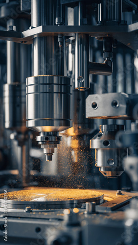 Close-up of industrial machinery performing precision machining with sparks flying.