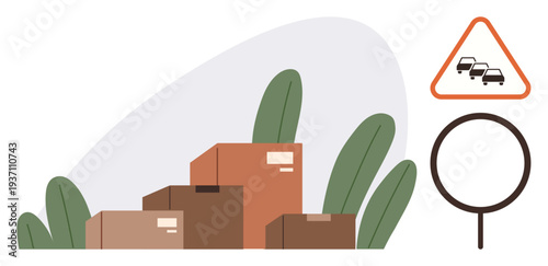 Logistics, transportation, road safety, packaging, supply chain, delivery services. Stack of cardboard boxes, traffic warning sign for congestion and magnifying glass. Logistics and transportation