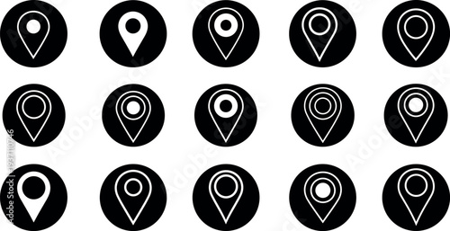 Location pin icon set inside circle, GPS map marker symbols collection, navigation destination pointer signs minimal vector illustration isolated