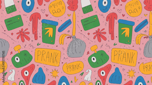 Colorful cartoon illustration of various objects on pink background including food drinks and household items in green blue yellow and red hues