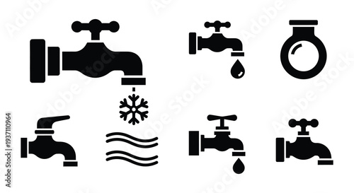 Black silhouettes of various faucet styles and water related symbols