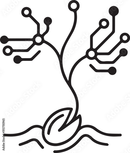 A single-line icon depicting a seed sprouting from the ground. Instead of leaves, it grows geometric data nodes and circuit traces