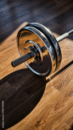 A chrome dumbbell resting on a wooden floor.