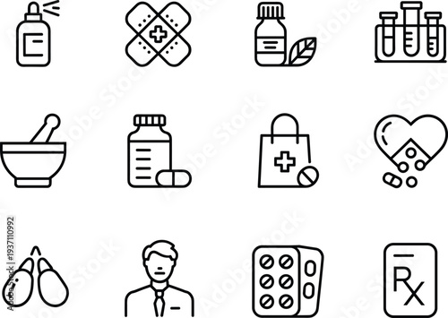 Pharmacy and medicine line icons set, healthcare drugs, medical treatment, prescription pills, pharmacy bag, laboratory medicine