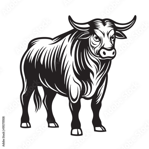 Bold and bull with large horns stands powerfully in monochrome style