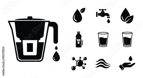 Water filtration system icons including a pitcher drops and related elements