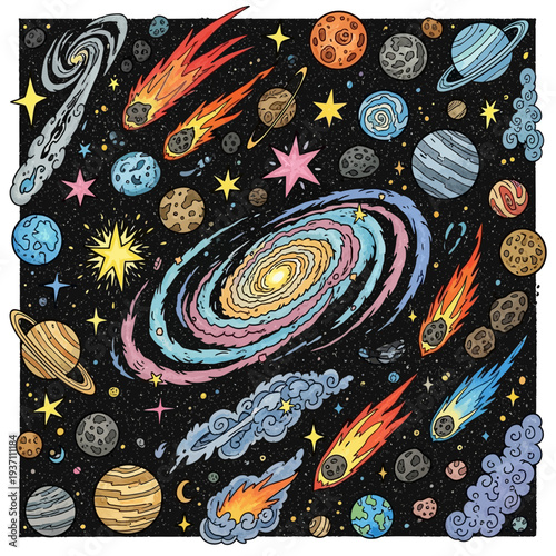Colorful illustration of planets and galaxies.