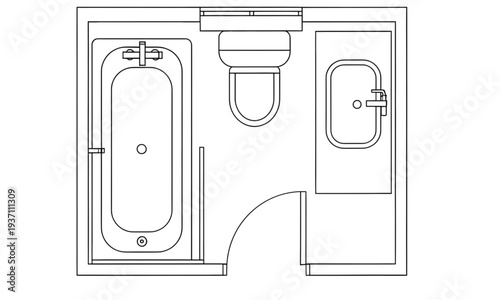 Modern Bathroom Floor Plan, 2D CAD Layout with Bathtub, Toilet, and Vanity Sink for Interior Design Planning