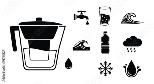 Water filtration system icons including a pitcher drops and related elements
