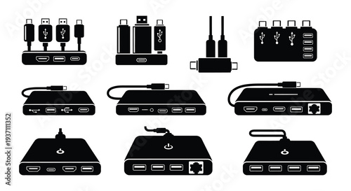 Black and white icons depicting various external hard drive and hub devices