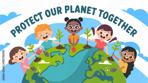 Diverse children holding plants around the earth promoting environmental protection and unity