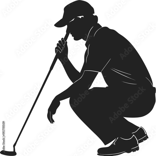 Golfer Silhouette Crouching to Read Green Vector Illustration for Sports and Golfing Branding