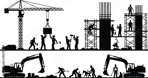 Silhouette construction site with crane excavators and workers Keywords: construction, building, site, workers, crane, excavator