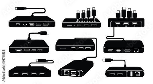 Black and white icons depicting various external hard drive and hub devices