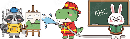Cute Animal Professions Set with Raccoon Painter Dinosaur Firefighter and Bunny Teacher Cartoon Character Vector Illustration