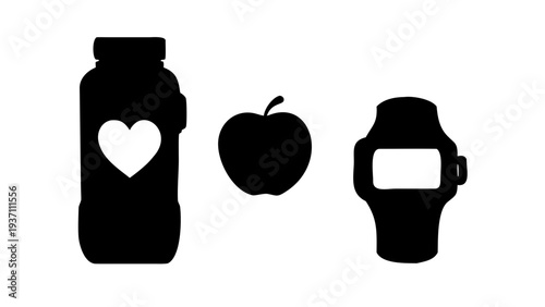 Healthy Lifestyle Fitness Silhouette Set with Smartwatch Water Bottle and Apple Icon