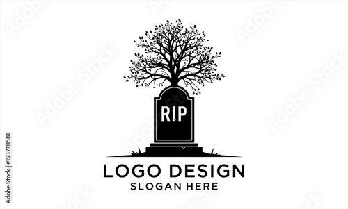 Tree and Gravestone Logo Design with RIP Text.