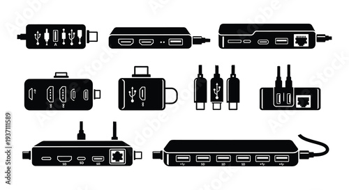 Black and white icons depicting various external hard drive and hub devices