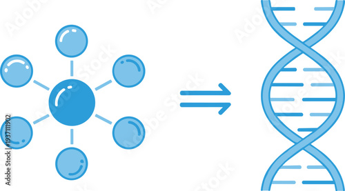 Genetic data analysis and molecular research concept icon showing data transformation into DNA structure for biotechnology science