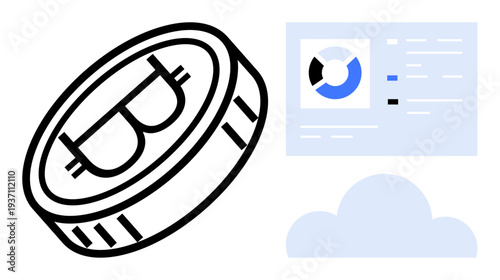 Cryptocurrency concept. Cryptocurrency by Bitcoin symbol combined with cloud computing and data visualization. Cryptocurrency powers decentralized systems, data exchange, and finance innovations
