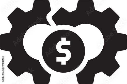 Two broken interlocking gears with dollar sign in center, symbolizing financial crisis, economic breakdown, money system failure, business disruption, currency devaluation and finance collapse 