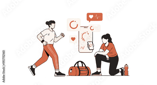 Two women engaging in fitness activities with digital health tracking and communication