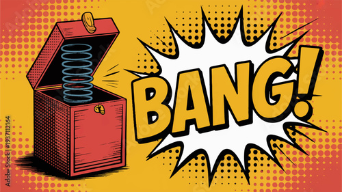 Comic book style illustration of a red treasure chest with a spring and the word bang on a yellow background