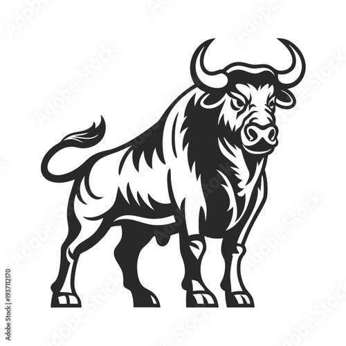 A muscular black bull stands firm, boasting large horns and a fierce expression