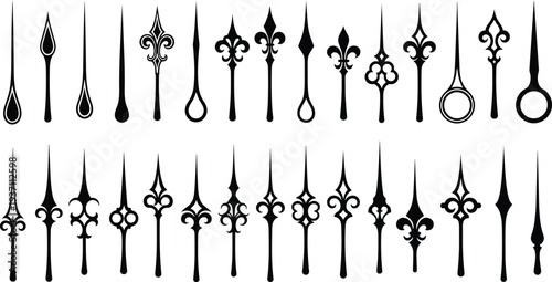 Vintage Clock Hands Collection with Decorative Antique Watch Pointers and Time Indicators Isolated Black Vector Illustration Set