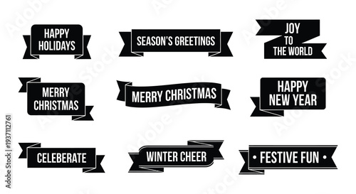 Collection of black and white holiday themed ribbon banner illustrations