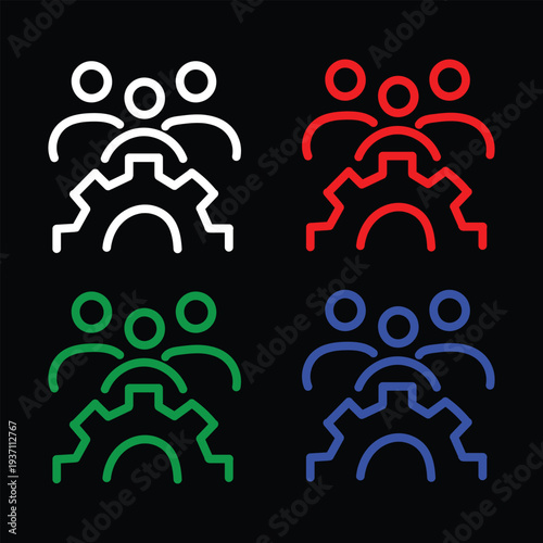 Team training, teamwork development, crm system outline icon. Line sign group of three people with a gear. Vector isolated pictograms for web on white background editable stroke.