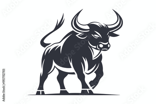 A strong black bull stands powerfully with its imposing horns and muscular build shown