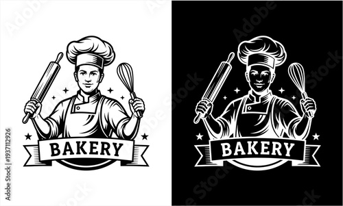 Vintage Bakery Logo with Male Chef Holding Rolling Pin and Whisk.