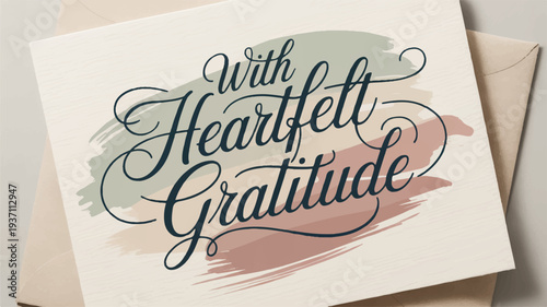 Gratitude message card with heartfelt words on elegant beige background with pink and gray brush strokes
