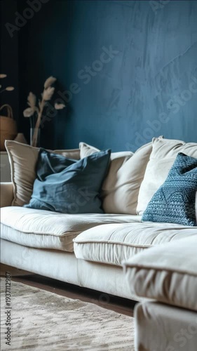 Cozy living room with blue walls and cream sofa. Textured rug adds warmth to wooden floor beneath. Soft pillows in navy and beige create inviting comfort