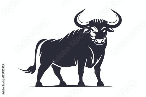 A muscular bull is standing powerfully with curved horns and a striped body