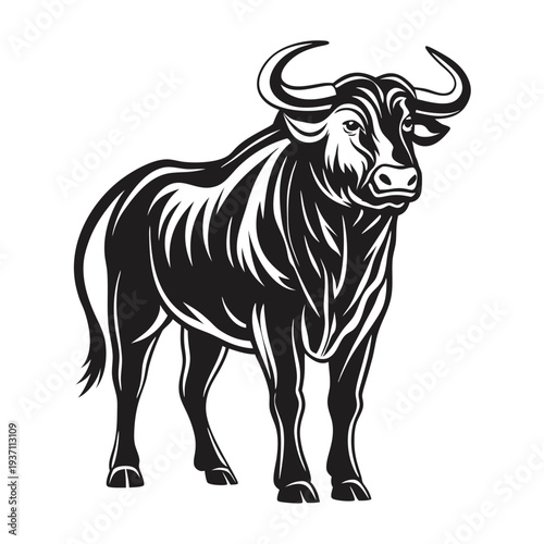 Strong bull stands powerfully, its muscular body depicted in stark black and white