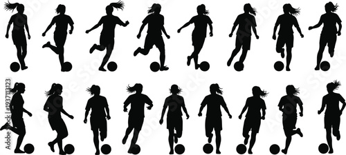 Collection of female soccer player silhouettes dribbling football, women footballers running with ball, sports action poses isolated vector illustration set