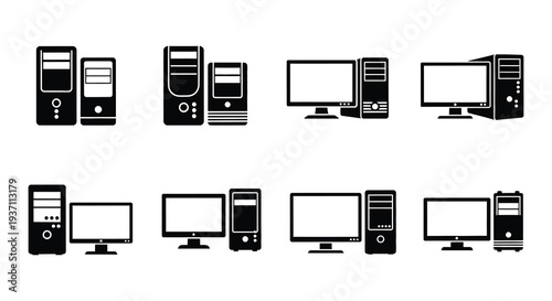Black and white icons depicting various computer setups and components