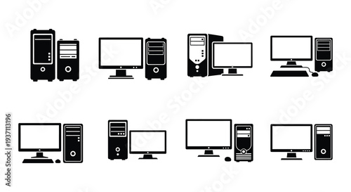 Black and white icons depicting various computer setups and components