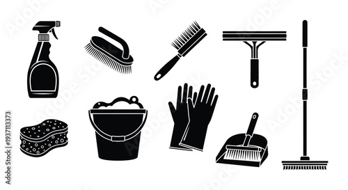 Black silhouettes of various cleaning supplies arranged on a white background