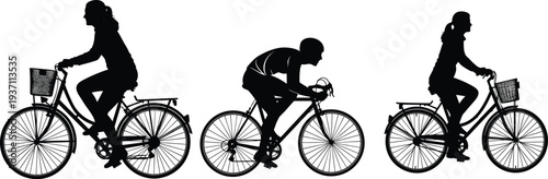 Collection of cyclist silhouettes riding bicycles, men and women biking in different poses, urban transport and sport cycling vector illustration set